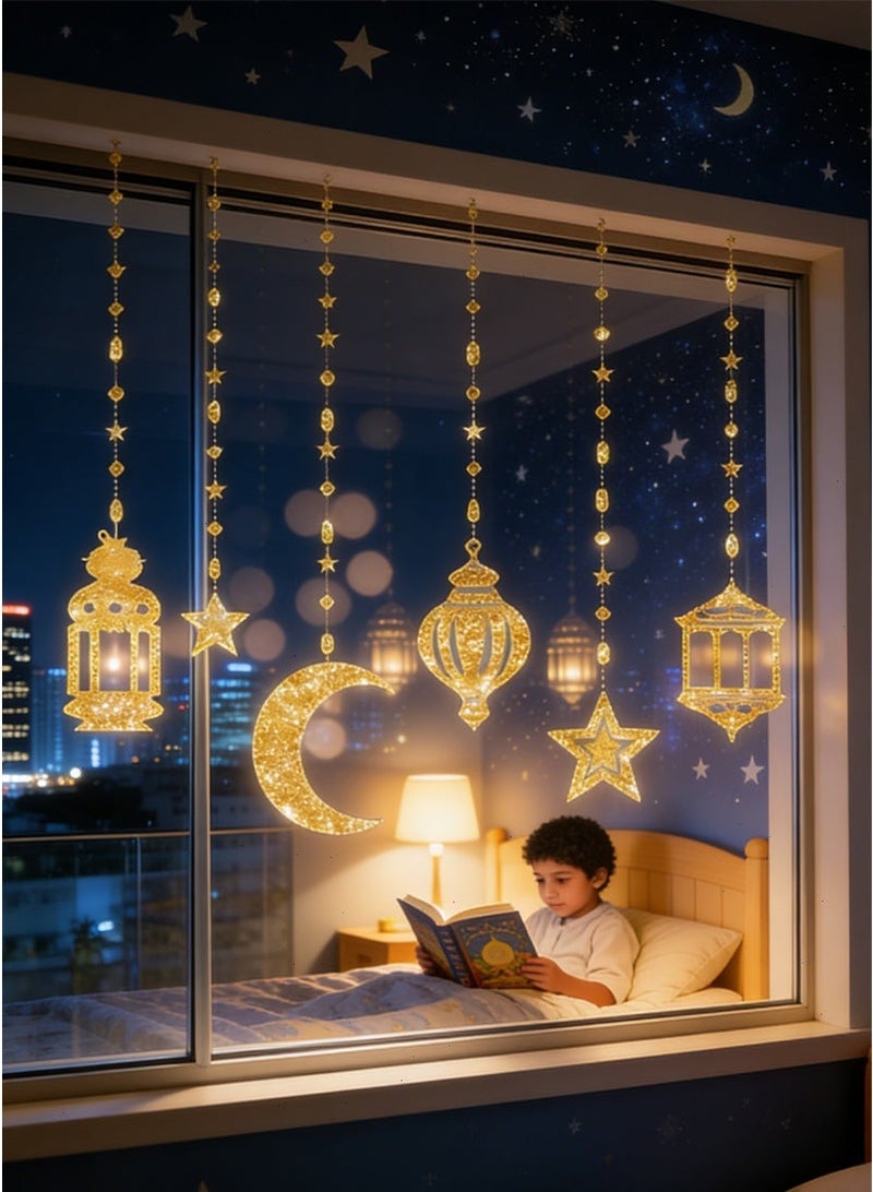 زينة رمضان، زينة رمضان معلقة على شكل قمر لامع ونجمة، لافتة خلفية على شكل فانوس، زينة حفلات رمضان للمنزل وغرفة المعيشة وغرفة النوم - Image 1